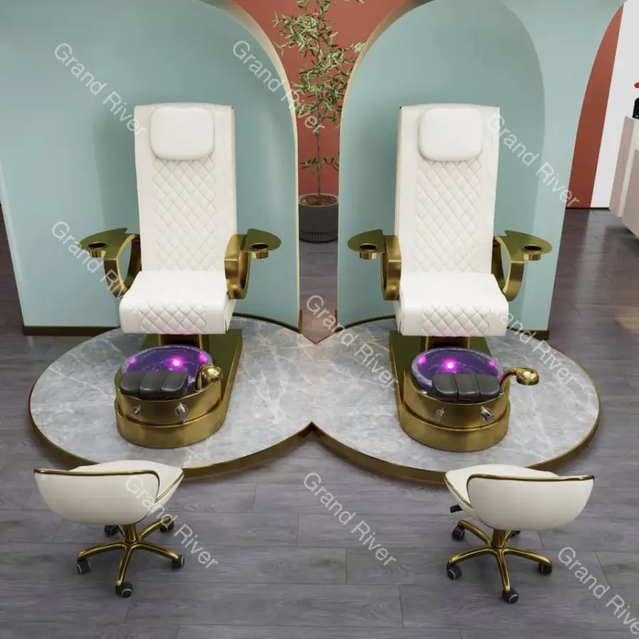 Wholesale Luxury Gold Salon Furniture Spa Nails Pedicure Chairs Full Body Massage Manicure Chairs With Bowl Stools — image 7