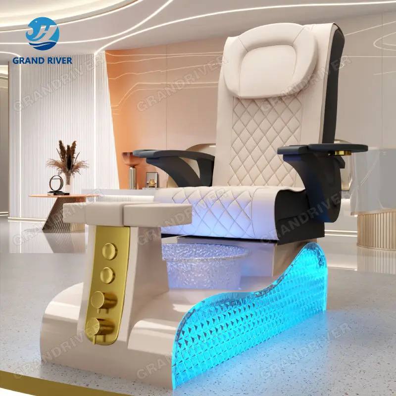Modern Luxury Salon Cream White Leather Pedicure Chair with Massage Spa Furniture Nail Tech Chair for Foot Massage Spa — view 1