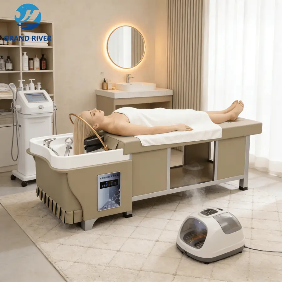 Professional Hair Washing Massage Table Shampoo Bowl Bed Spa Heated Head Water Therapy Pedicure Bed Shampoo Bed with Steamer — image 3