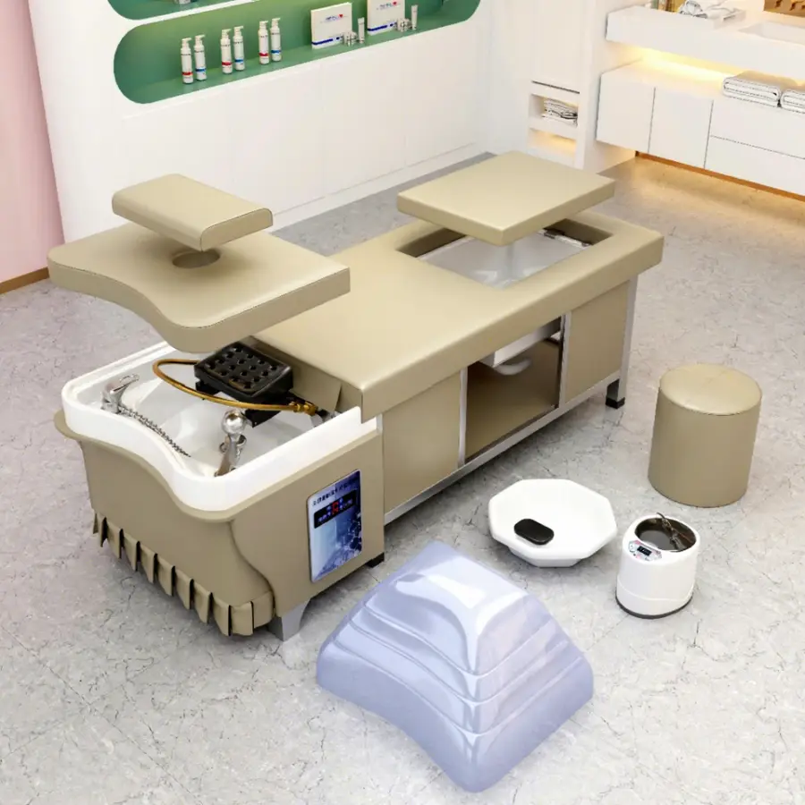 Professional Hair Washing Massage Table Shampoo Bowl Bed Spa Heated Head Water Therapy Pedicure Bed Shampoo Bed with Steamer — image 5