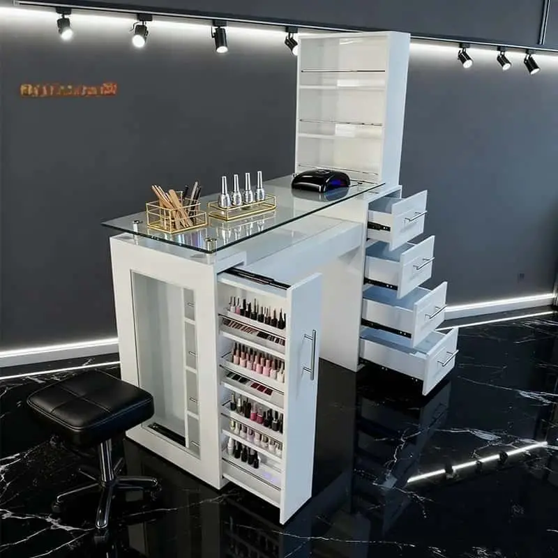 Light Luxury Modern Salon Furniture Makeup Manicure Desk Nail Desk Glass Dust Collector Storage Double Nail Table — image 3