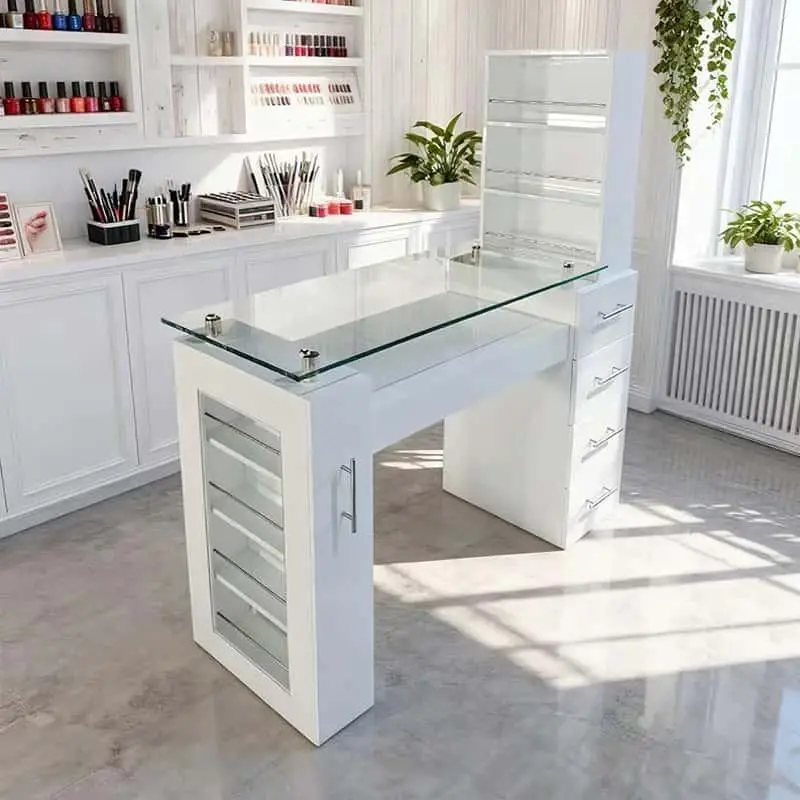 Light Luxury Modern Salon Furniture Makeup Manicure Desk Nail Desk Glass Dust Collector Storage Double Nail Table — image 6