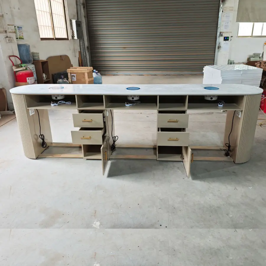 Custom Luxury Beauty Salon Manicure Table Multi Storage Wooden Nail Table Desk with Nail Dryer for Salon — image 3