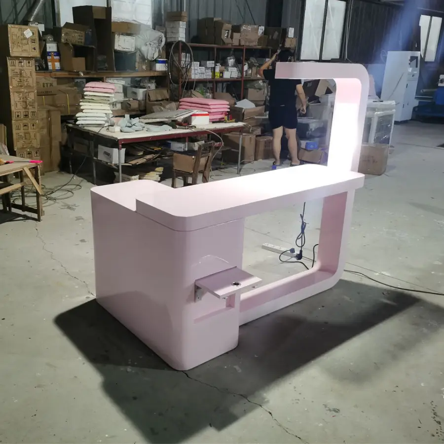 Luxury pink French Style Nail Salon Manicure Table L Shape Manicure Desk with Light Wooden Nail Desk — image 5