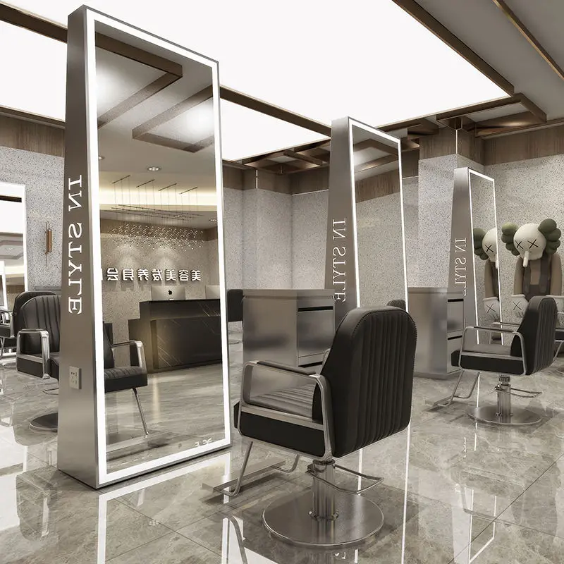Factory Direct Professional Barber Salon Station Beauty Hair Styling with Led Light Salon Floor Mirror Salon Furniture L — view 1