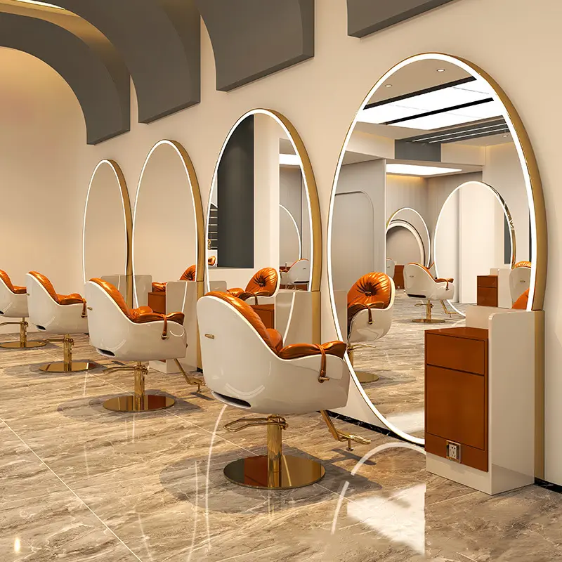 Barber Stations Furniture Double Sided Salon Styling Stations Electroplating Salon Mirror Custom White and Gold Salon Furniture — image 7