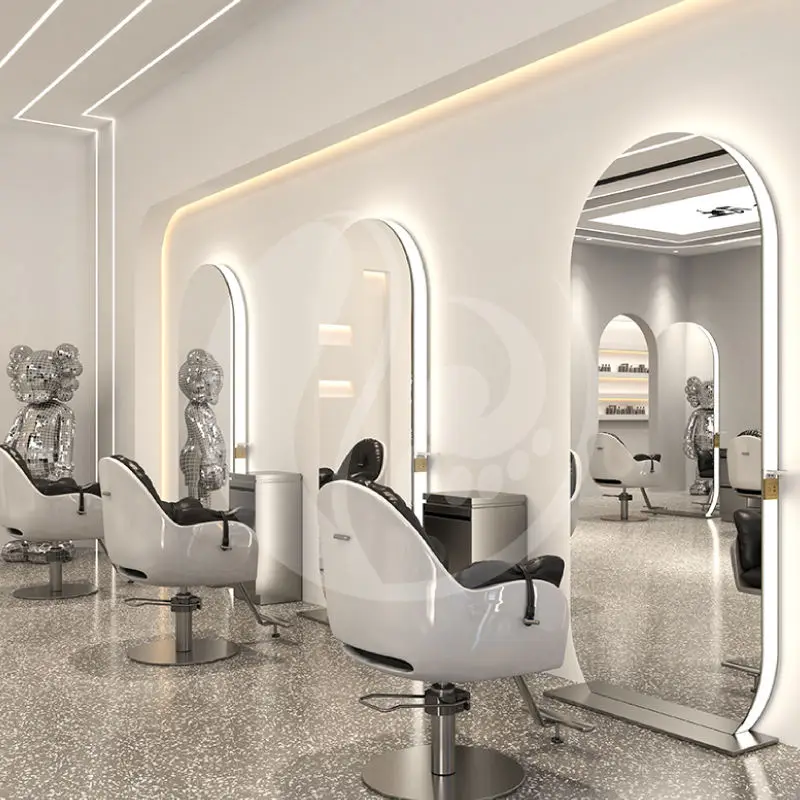 Customized Single Double Side Floor Mirror Station Hair Beauty Salon Furniture Barber Shop Full Length Mirror with Led Light — image 3
