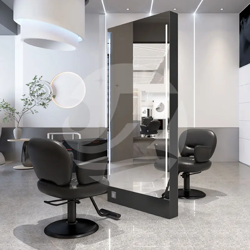 Luxury Hairdressing Salon Styling Stations Led Lighted Floor Mirror Hair Beauty Salon Furniture Defogging Mirror Station — view 1