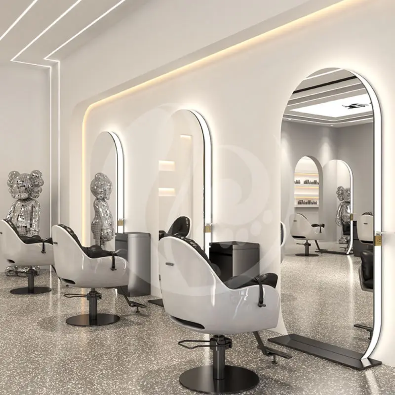 Customized Single Double Side Floor Mirror Station Hair Beauty Salon Furniture Barber Shop Full Length Mirror with Led Light — image 4