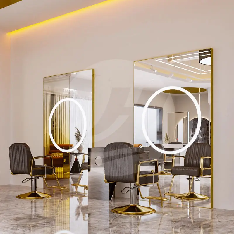 High End Wall Mounted Hair Dressing Salon Mirror Station Single Side Barber Shop Salon Furniture Floor Mirror with Led Light — image 3
