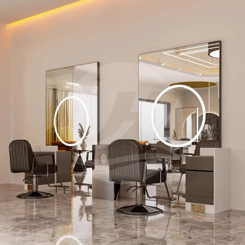 High End Wall Mounted Hair Dressing Salon Mirror Station Single Side Barber Shop Salon Furniture Floor Mirror with Led Light — image 4