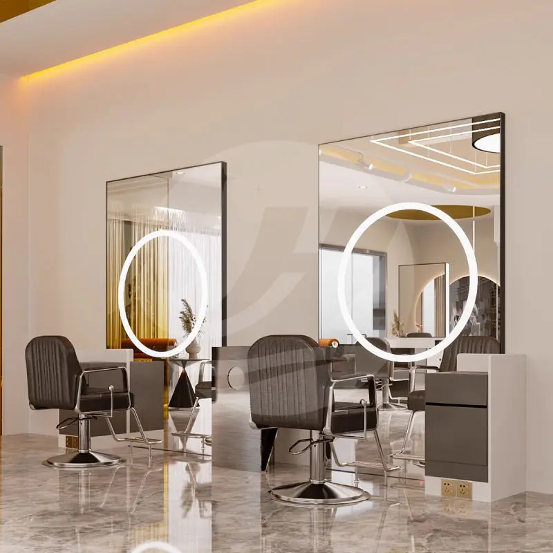 High End Wall Mounted Hair Dressing Salon Mirror Station Single Side Barber Shop Salon Furniture Floor Mirror with Led Light — image 5