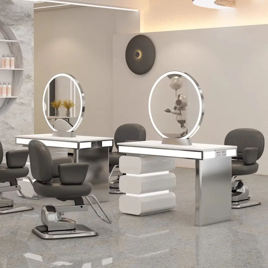 Hot Sell Salon Mirror Station Hair Salon Barber Station Single Double Side Styling Mirror With Storage With Led — view 3