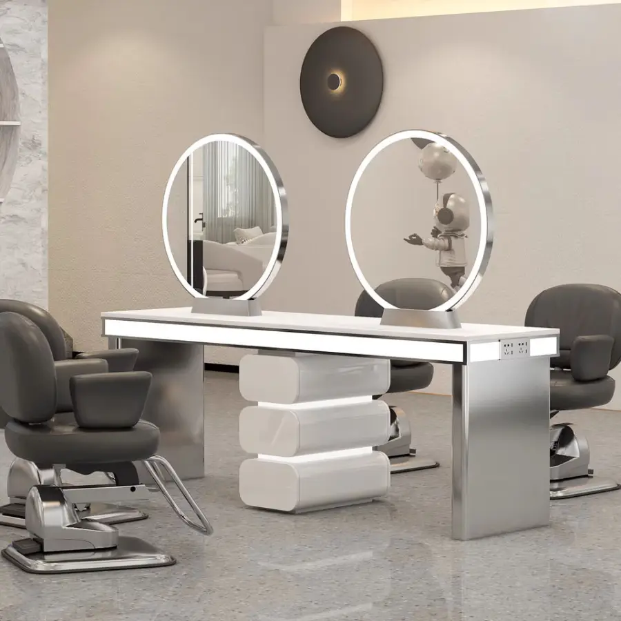 Hot Sell Salon Mirror Station Hair Salon Barber Station Single Double Side Styling Mirror With Storage With Led — view 4