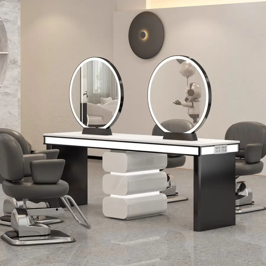 Hot Sell Salon Mirror Station Hair Salon Barber Station Single Double Side Styling Mirror With Storage With Led — view 5