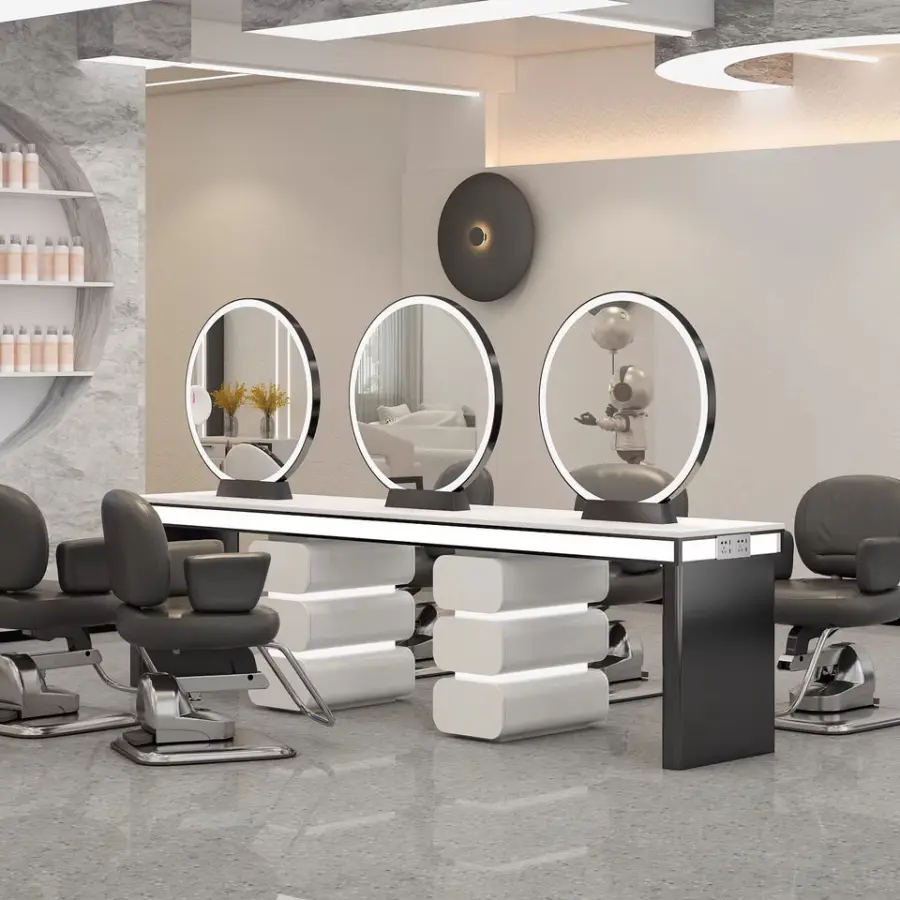Hot Sell Salon Mirror Station Hair Salon Barber Station Single Double Side Styling Mirror With Storage With Led — view 6