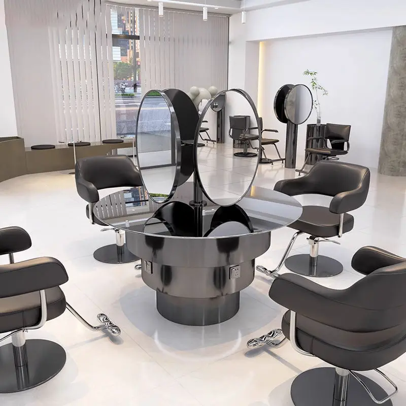 Unique Design Stainless Steel Single Sided Mirror Round Table Barber Shop Hairdressing Mirror for Perm and Dye Area — image 4