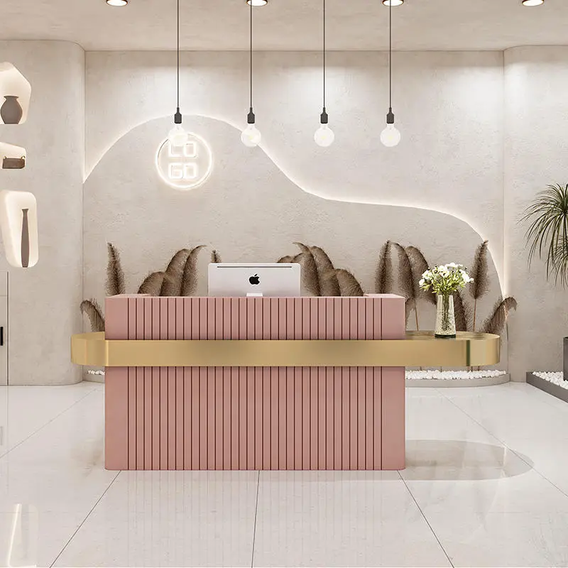 Wholesale Newest Minimalist Stripe Metal Beauty Nail Salon Furniture pink Modern Office Reception Desk for Beauty Salon — view 1