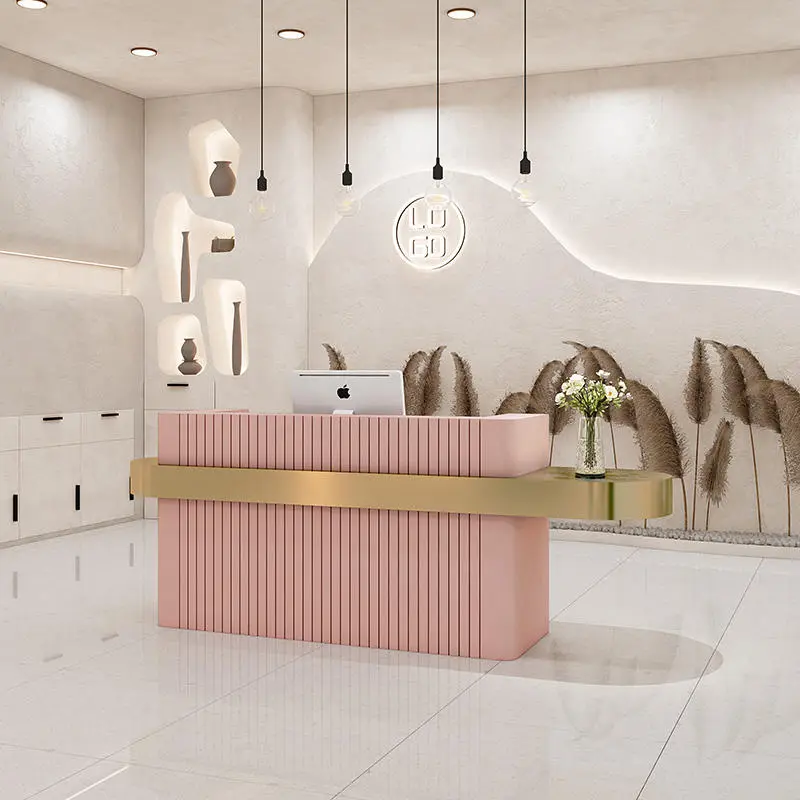 Wholesale Newest Minimalist Stripe Metal Beauty Nail Salon Furniture pink Modern Office Reception Desk for Beauty Salon — image 3