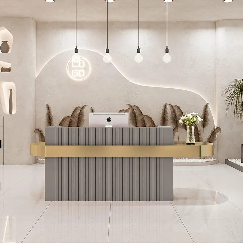 Wholesale Newest Minimalist Stripe Metal Beauty Nail Salon Furniture pink Modern Office Reception Desk for Beauty Salon — image 4
