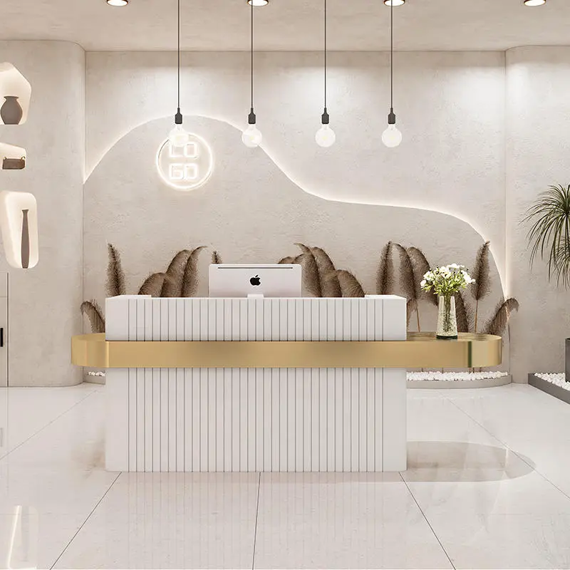 Wholesale Newest Minimalist Stripe Metal Beauty Nail Salon Furniture pink Modern Office Reception Desk for Beauty Salon — image 5