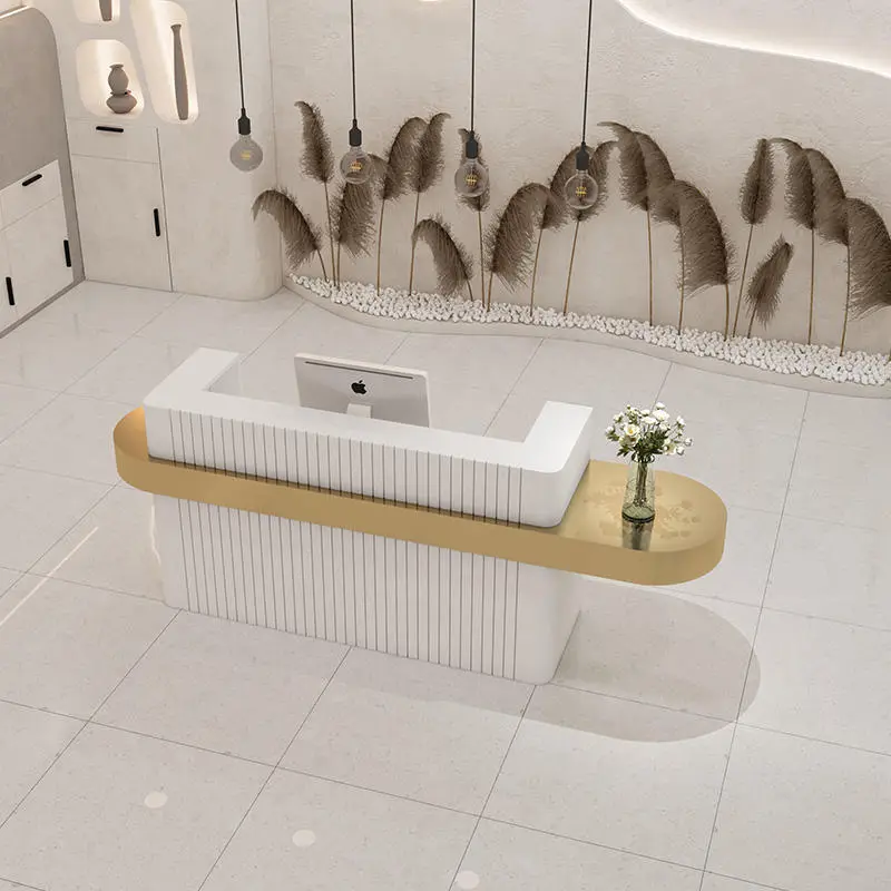 Wholesale Newest Minimalist Stripe Metal Beauty Nail Salon Furniture pink Modern Office Reception Desk for Beauty Salon — image 6