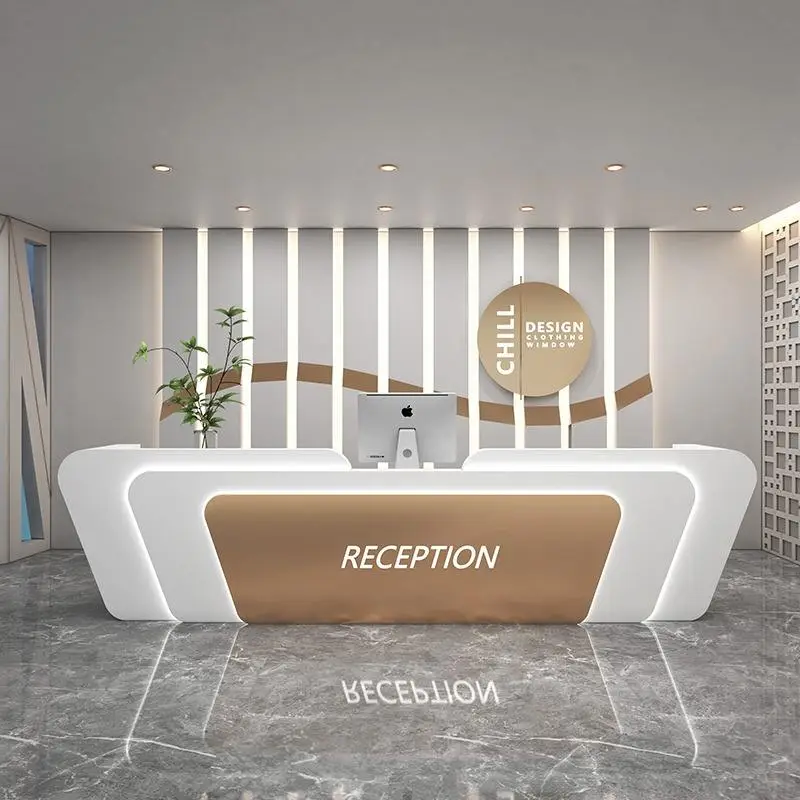 Factory Price Unique Art Shape LED Light Modern Furniture White Beauty Salon Spa Gallery Luxury Reception Counter Front — view 1