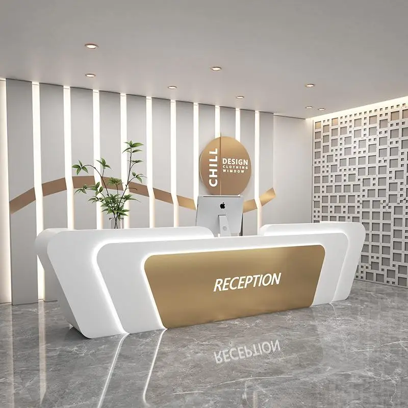 Factory Price Unique Art Shape LED Light Modern Furniture White Beauty Salon Spa Gallery Luxury Reception Counter Front — view 2