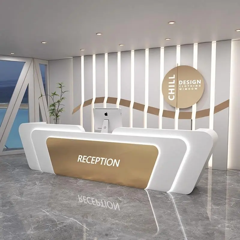 Factory Price Unique Art Shape LED Light Modern Furniture White Beauty Salon Spa Gallery Luxury Reception Counter Front — view 3
