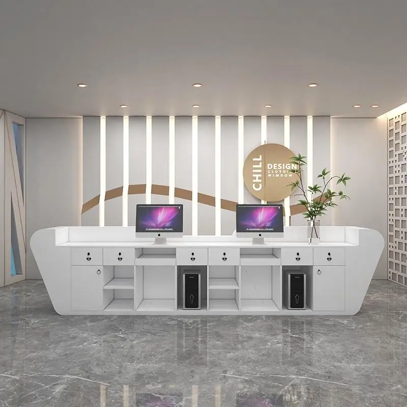 Factory Price Unique Art Shape LED Light Modern Furniture White Beauty Salon Spa Gallery Luxury Reception Counter Front — view 4