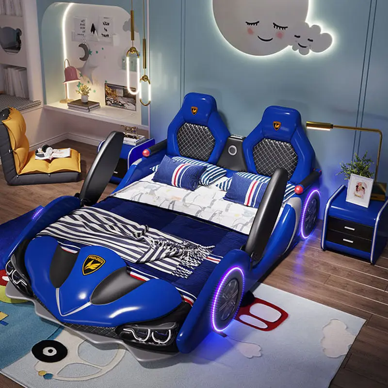 Factory Wholesale Double Creative Kids Car Bed Boy Cartoon Leather Single Bed with Guardrail Girl Children Racing Car Be — view 1