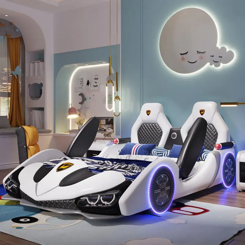 Factory Wholesale Double Creative Kids Car Bed Boy Cartoon Leather Single Bed with Guardrail Girl Children Racing Car Bed — image 3