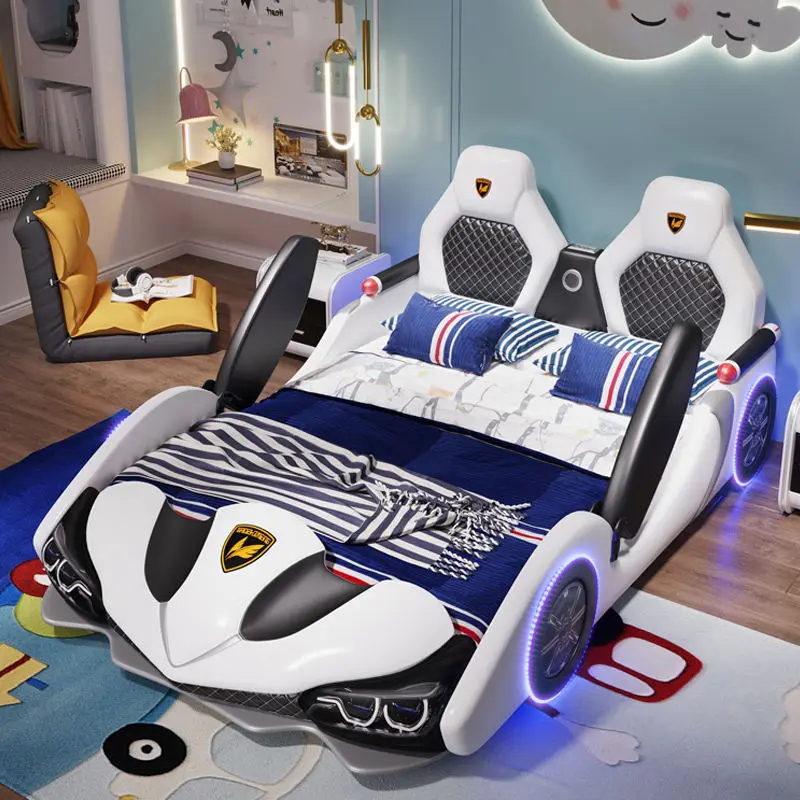 Factory Wholesale Double Creative Kids Car Bed Boy Cartoon Leather Single Bed with Guardrail Girl Children Racing Car Bed — image 4