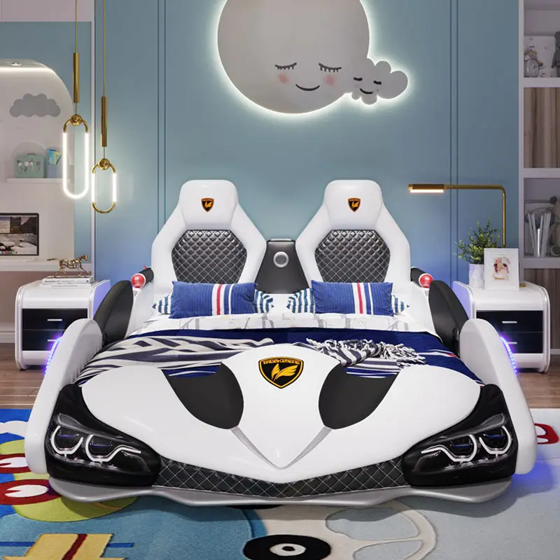 Factory Wholesale Double Creative Kids Car Bed Boy Cartoon Leather Single Bed with Guardrail Girl Children Racing Car Bed — image 5