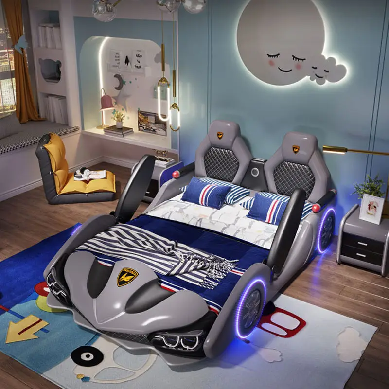 Factory Wholesale Double Creative Kids Car Bed Boy Cartoon Leather Single Bed with Guardrail Girl Children Racing Car Bed — image 6