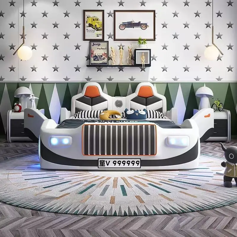 Solid Wood Pu Cover Storage Car Bed for Kids Boys Double Bed With Lights and Sound Sports Style Super Race Car Kids Beds — image 3