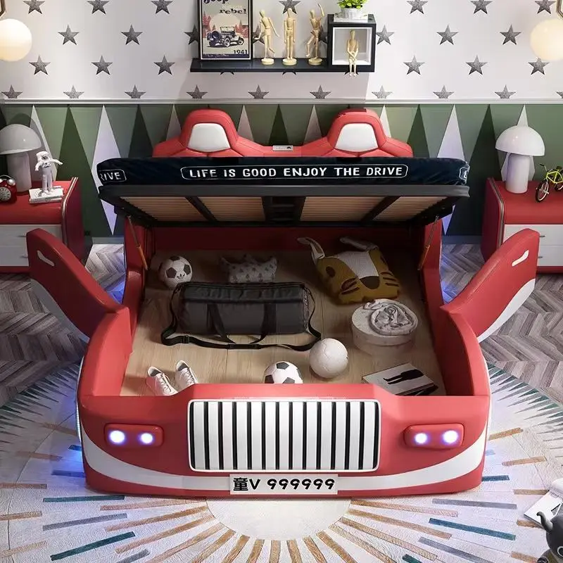 Solid Wood Pu Cover Storage Car Bed for Kids Boys Double Bed With Lights and Sound Sports Style Super Race Car Kids Beds — image 4