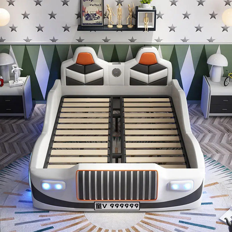 Solid Wood Pu Cover Storage Car Bed for Kids Boys Double Bed With Lights and Sound Sports Style Super Race Car Kids Beds — image 5