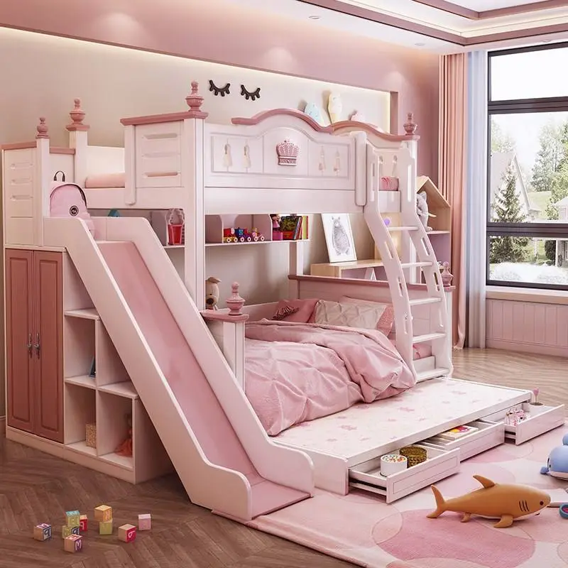 Children Bed Modern pink Princess Bed Kids Bunk Beds Double Girls Bedroom Furniture Wooden American Style High Quality — image 4