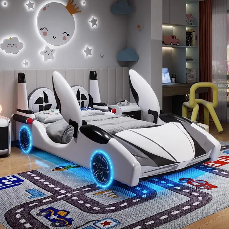 Modern Boys Girls Bed Frame Children Bedroom Furniture Set With Music and Light Wooden Car Bed for Kids — view 1