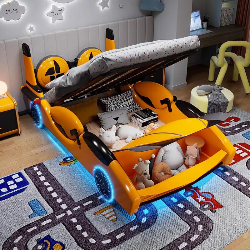 Modern Boys Girls Bed Frame Children Bedroom Furniture Set With Music and Light Wooden Car Bed for Kids — image 2