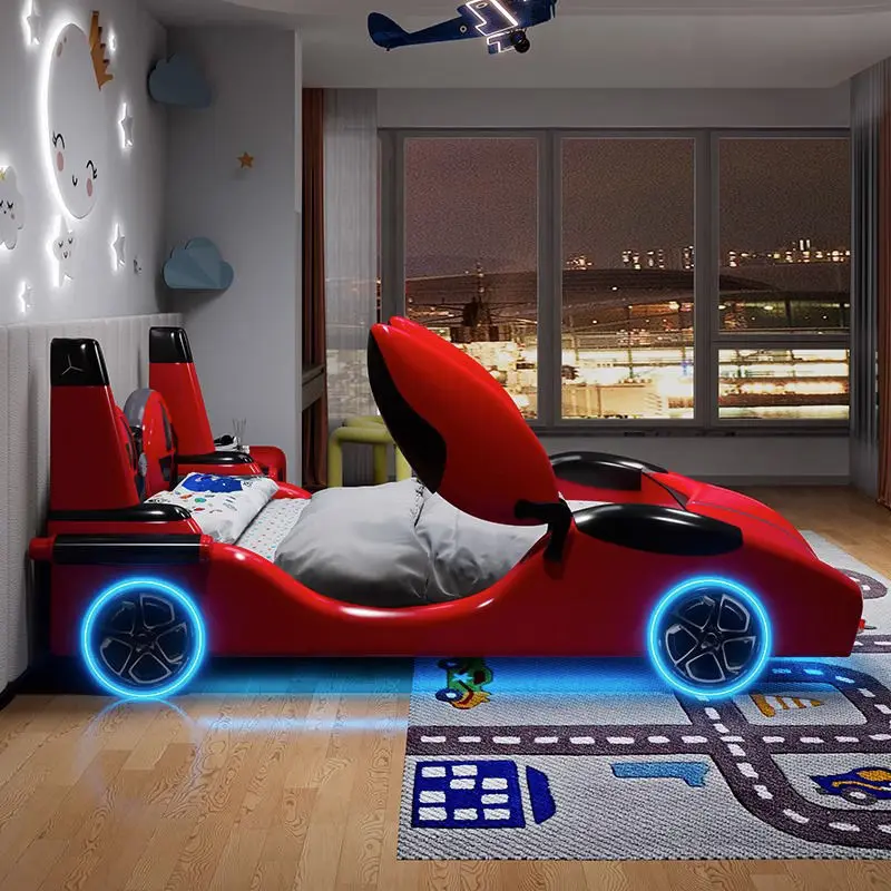 Modern Boys Girls Bed Frame Children Bedroom Furniture Set With Music and Light Wooden Car Bed for Kids — image 4