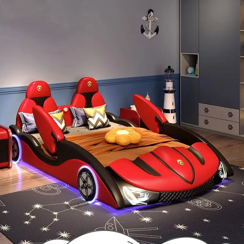 Modern Leather Car Bed With Guardrail Creative Boys and Girls Kids Bed Wood Frame Bedroom Furniture — view 1