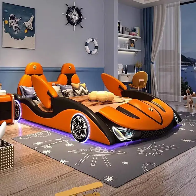 Modern Leather Car Bed With Guardrail Creative Boys and Girls Kids Bed Wood Frame Bedroom Furniture — image 3