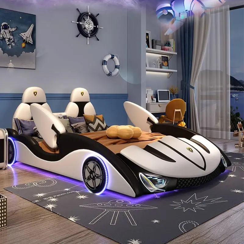 Modern Leather Car Bed With Guardrail Creative Boys and Girls Kids Bed Wood Frame Bedroom Furniture — image 4