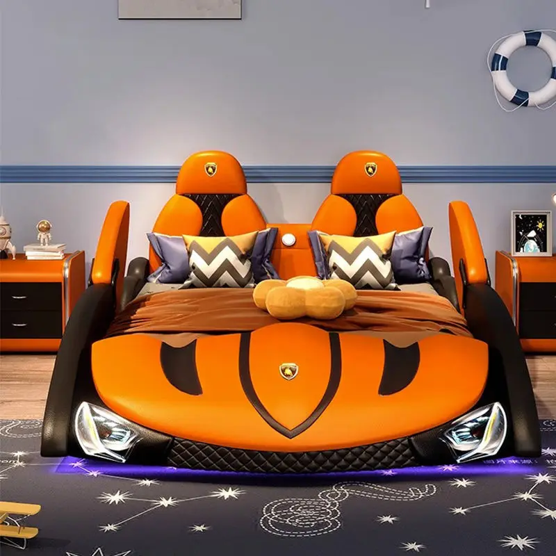 Modern Leather Car Bed With Guardrail Creative Boys and Girls Kids Bed Wood Frame Bedroom Furniture — image 5