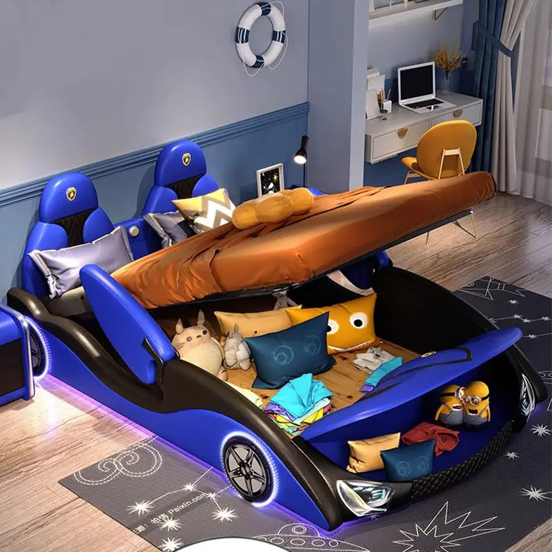 Modern Leather Car Bed With Guardrail Creative Boys and Girls Kids Bed Wood Frame Bedroom Furniture — image 6