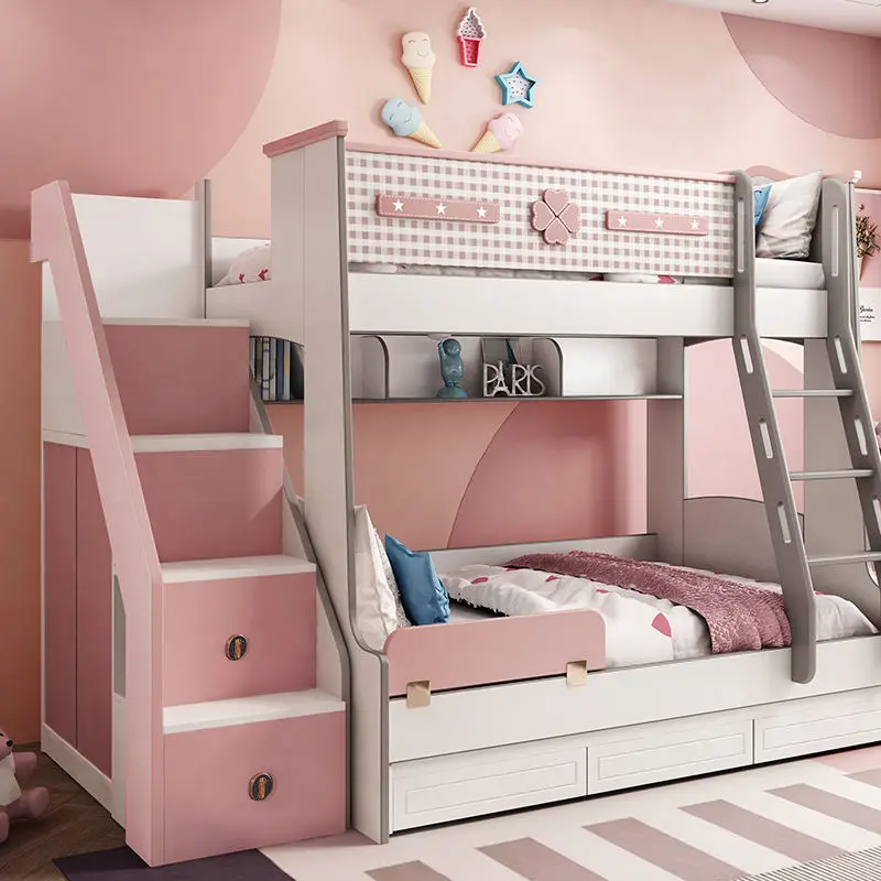 Wooden Comfortable School Double Loft Bed Modern pink Kids Children Bunk Bed Furniture for Girls Bedroom — view 1