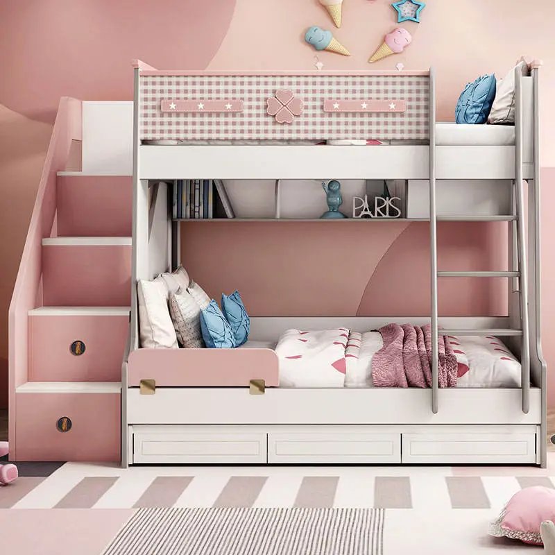 Wooden Comfortable School Double Loft Bed Modern pink Kids Children Bunk Bed Furniture for Girls Bedroom — image 3