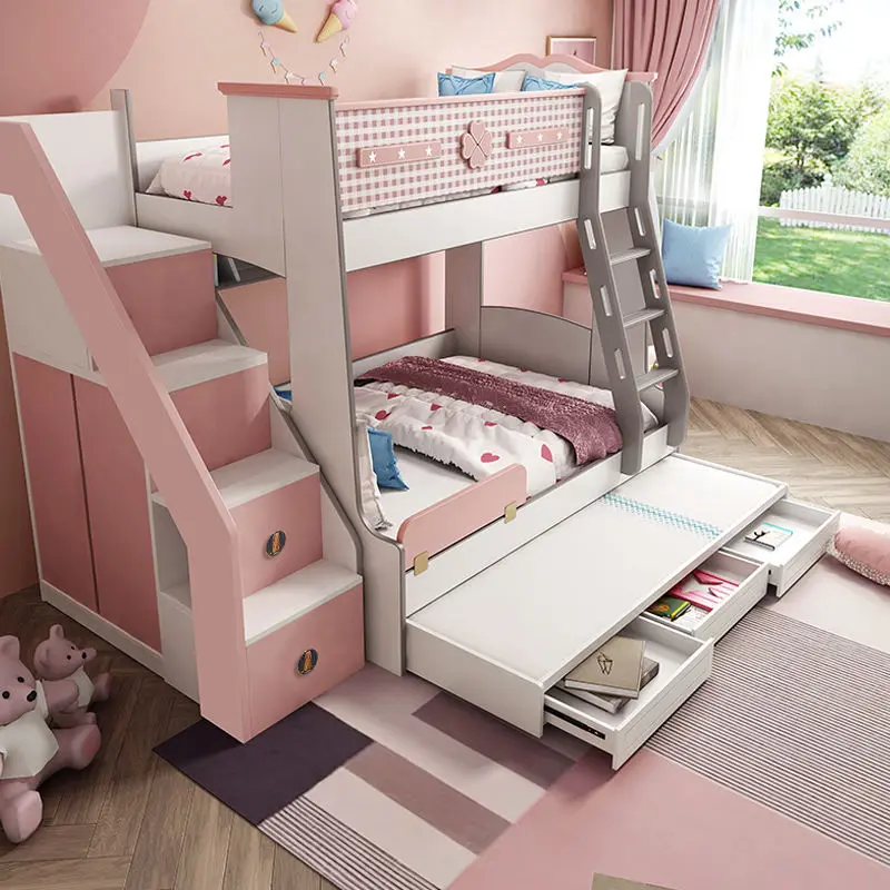 Wooden Comfortable School Double Loft Bed Modern pink Kids Children Bunk Bed Furniture for Girls Bedroom — image 4